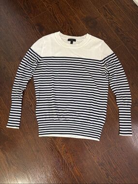 J Crew White and Navy Striped Crewneck Sweater XXS